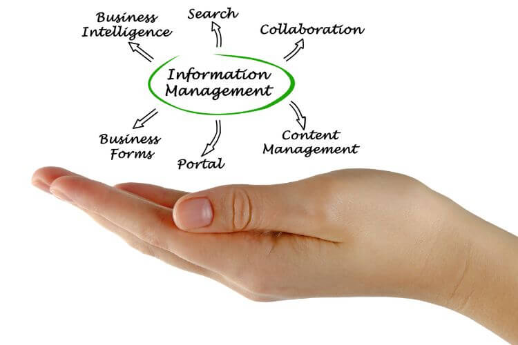 Open hand presenting an information management diagram for marketing data and business intelligence