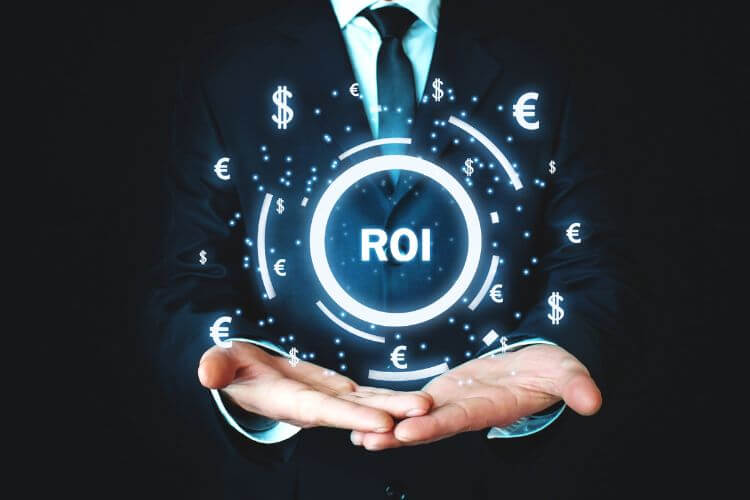 Businessman presenting ROI with digital currency symbols representing marketing performance analysis.