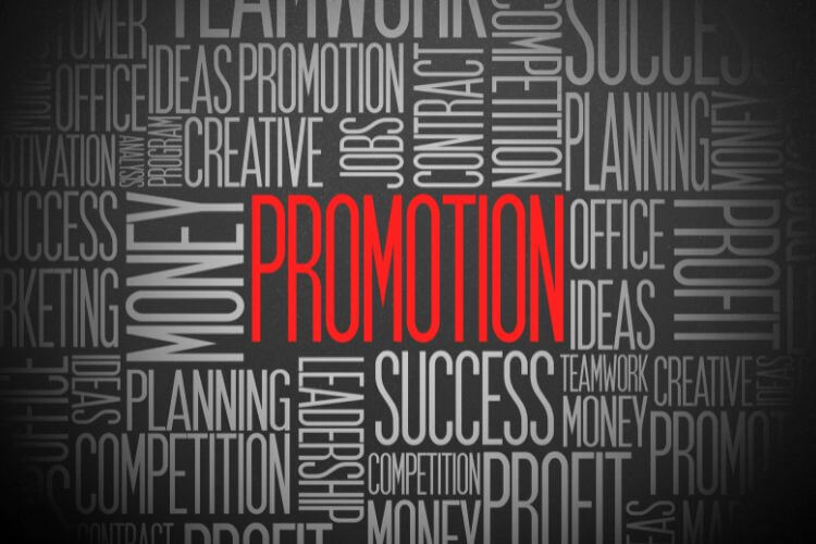 Dark word cloud spotlighting PROMOTION among marketing terms like success, planning and ideas