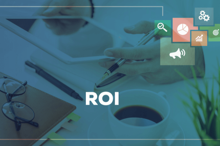 Business workspace with ROI overlay and financial analytics icons indicating marketing investment returns.