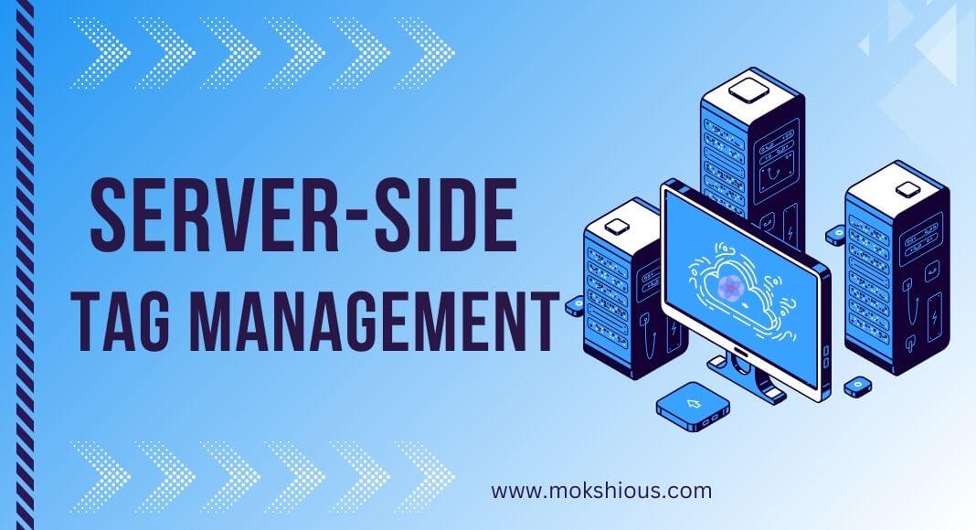 Server-side tag management illustration with cloud on monitor and server racks in a digital environment