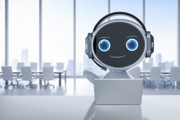 Friendly AI robot with headset sitting in a conference room, symbolizing AI automation in threat intelligence.