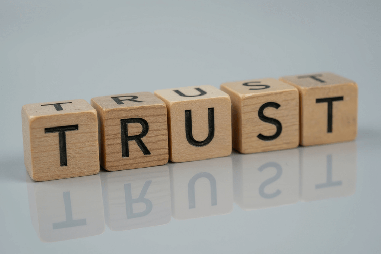 Wooden blocks spelling “TRUST” to emphasize brand perception, customer loyalty, and digital security.