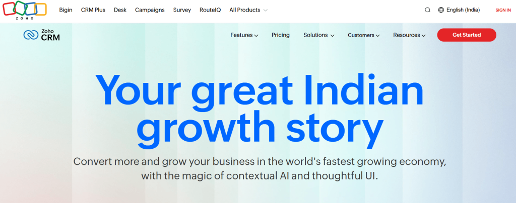 Zoho CRM India hero touting AI-driven growth story with bold blue “Your great Indian growth story” headline