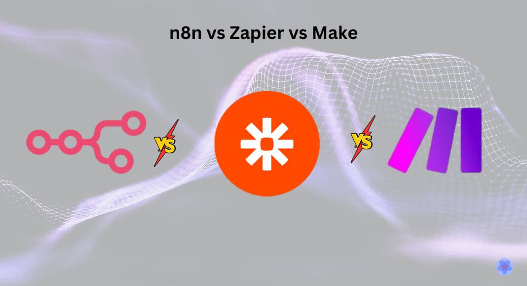 Visual comparison of n8n, Zapier, and Make workflow automation tools with logos and head-to-head design.