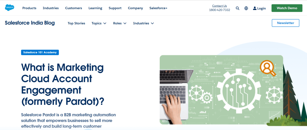 Salesforce blog banner explaining Marketing Cloud Account Engagement (Pardot) with laptop and automation gear graphic.