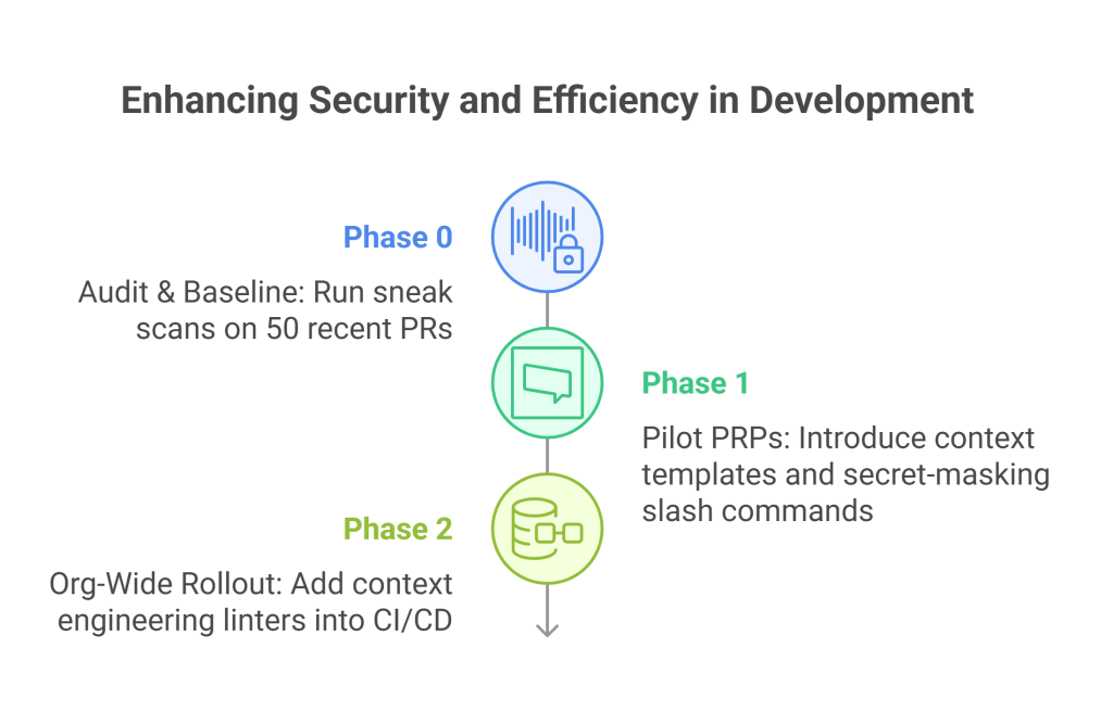 Phased rollout plan for context engineering in development to enhance security and CI/CD efficiency