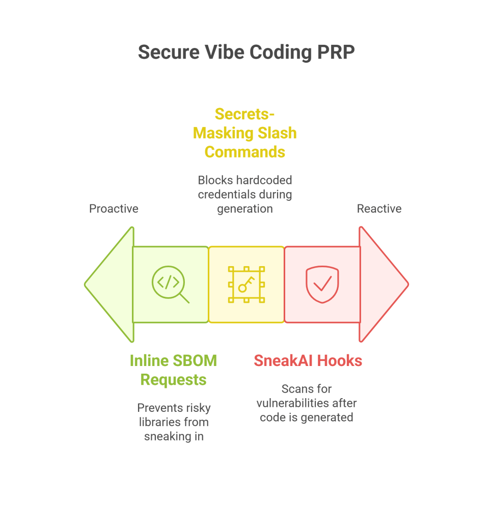 Secure Vibe Coding PRP workflow showing proactive and reactive security steps like SBOM, secret-masking, and SneakAI