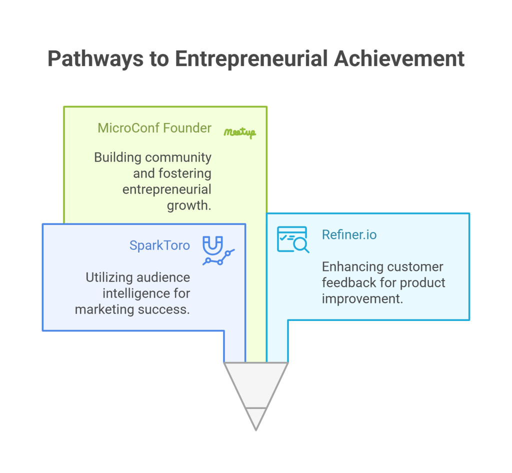 Visual showing tools like SparkToro, Refiner.io, and MicroConf for marketing and startup growth