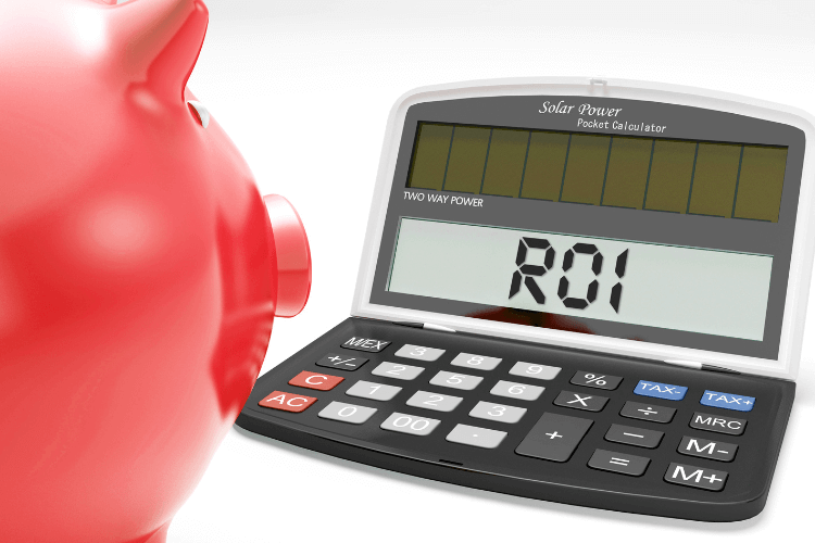 ROI calculator with piggy bank showing cost-benefit analysis for AI investments.