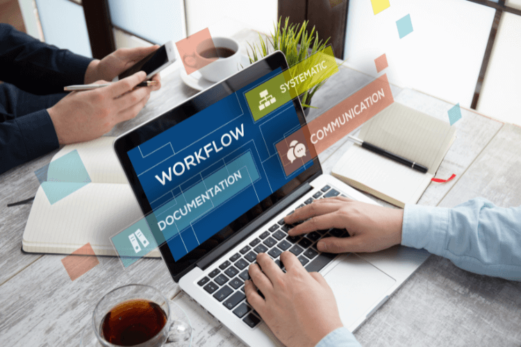 PRP-driven workflow on laptop screen showing documentation, communication, and process efficiency.