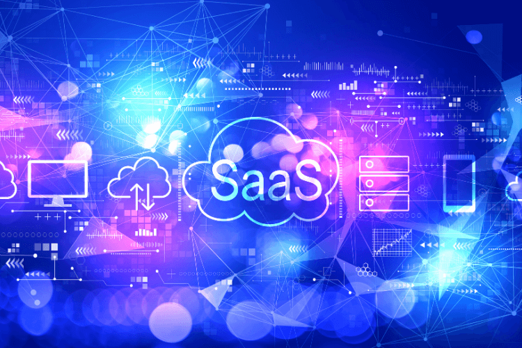Colorful SaaS concept with cloud icons, servers, and digital interface for software-as-a-service strategy