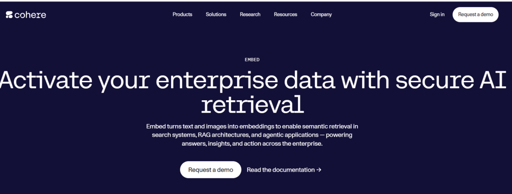 Cohere AI enterprise embeddings and secure semantic retrieval platform homepage