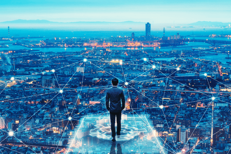 Businessman overlooking a smart city network visualizing future trends in graph and vector database evolution