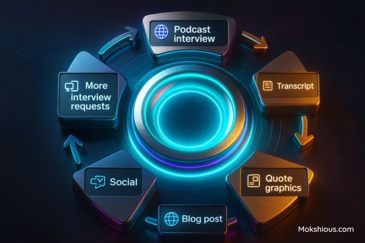 Circular B2B podcast flywheel showing process from interview to transcript, blog posts, social, and new guest requests.