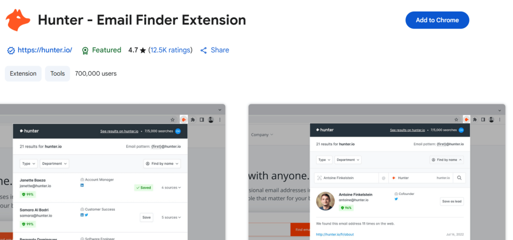 Hunter email finder Chrome extension interface showing company contact search and lead generation tools