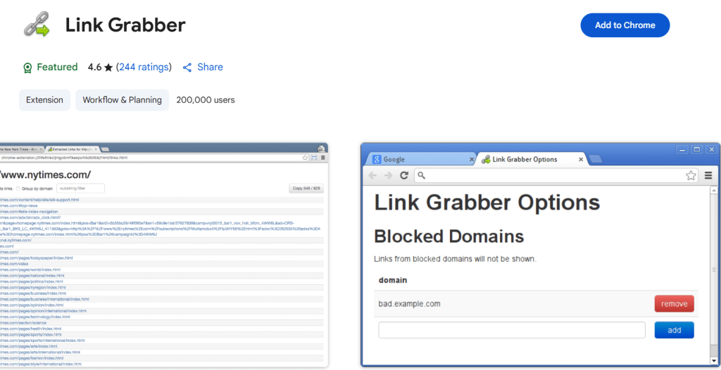 Link Grabber Chrome extension interface displaying list of extracted links from a web page