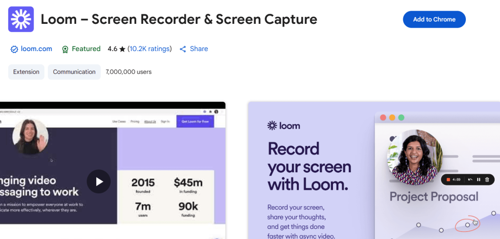 Loom Chrome extension for screen recording with video preview and project proposal feature