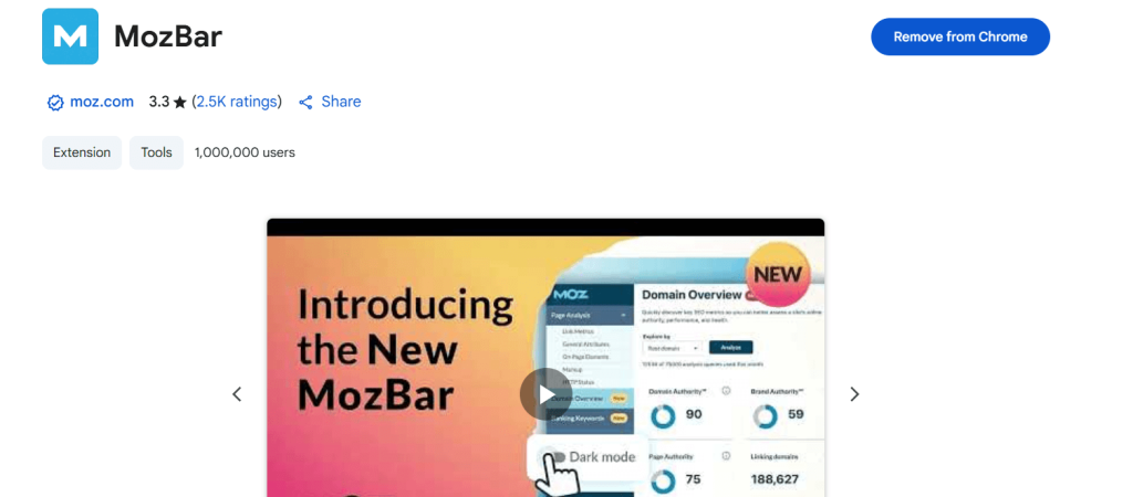 MozBar Chrome SEO extension showing domain authority and keyword analysis in the toolbar