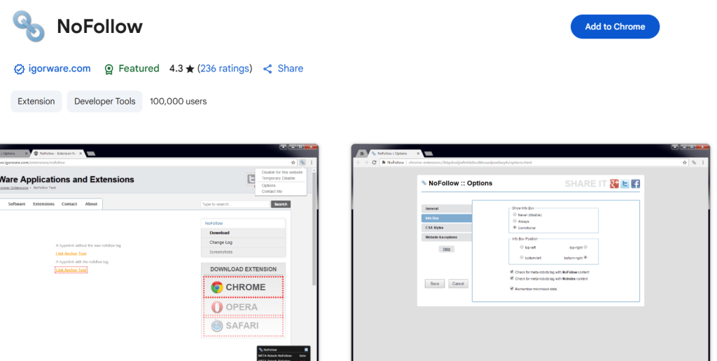 NoFollow Chrome extension highlighting nofollow links and meta tag status on a website