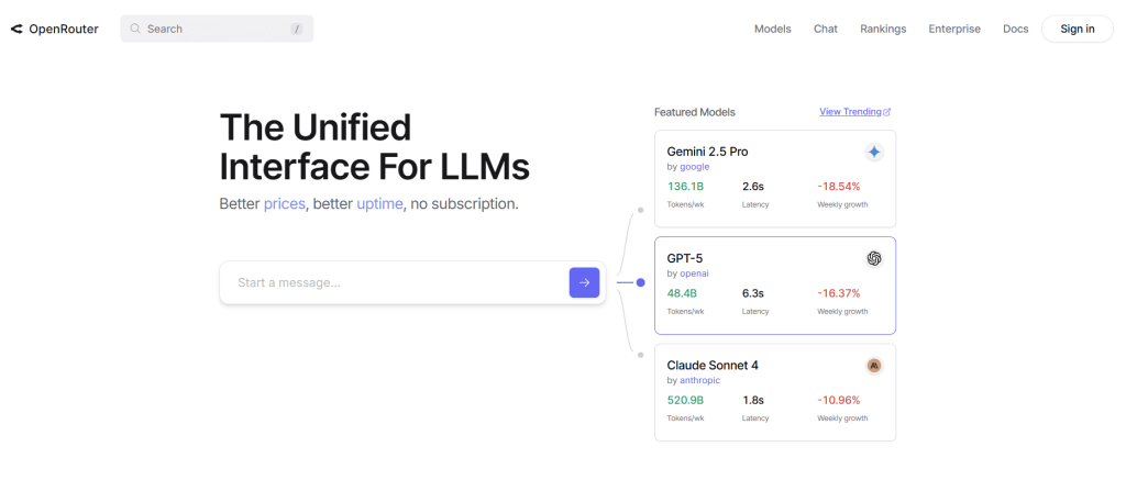 OpenRouter unified LLM interface offering GPT-5, Claude, and Gemini models for developers