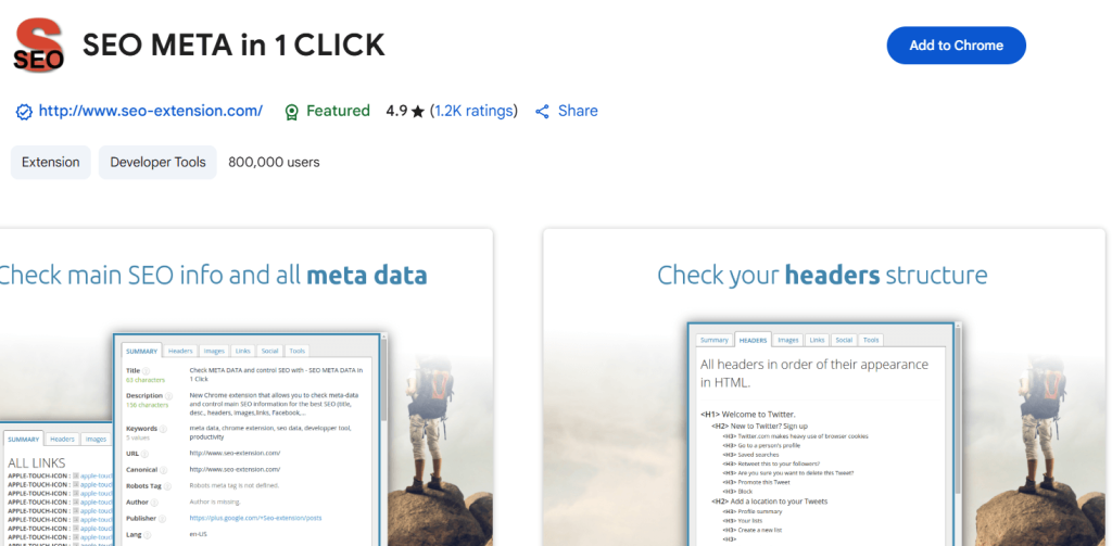 SEO META in 1 CLICK extension interface showing meta tags, headers, and SEO data in one view