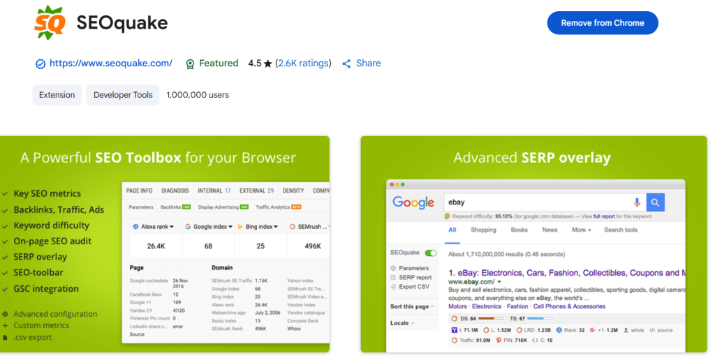 EOquake Chrome extension showing keyword difficulty, SERP overlay, and page SEO metrics