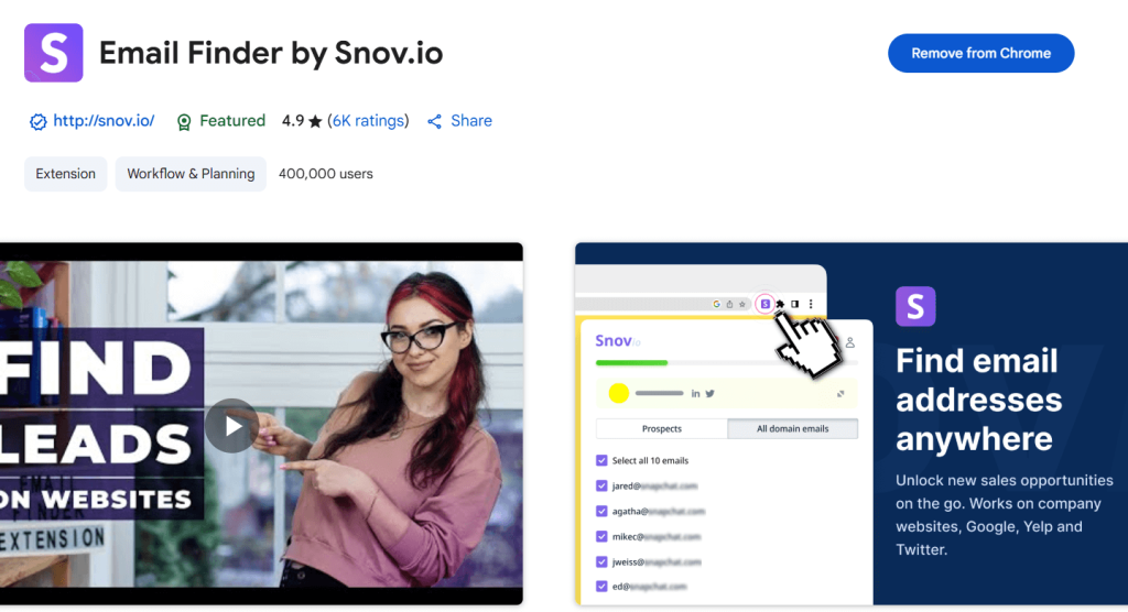 Snov.io email finder Chrome extension for finding emails on websites and unlocking new lead opportunities