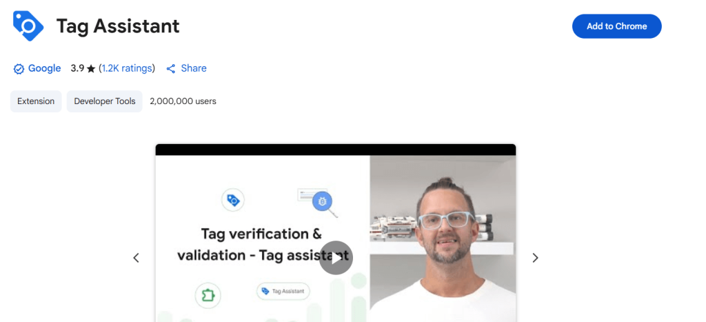 Google Tag Assistant extension interface for verifying and validating tag implementation on websites