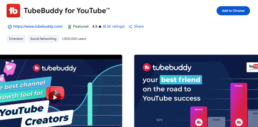 TubeBuddy Chrome extension for YouTube creators showing growth analytics and keyword performance