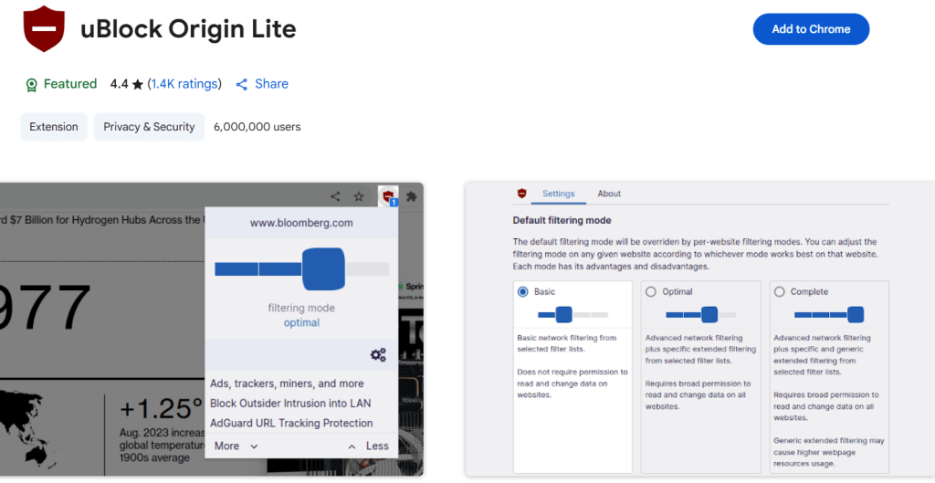 uBlock Origin Lite Chrome extension with ad blocking and filtering mode settings for privacy protection