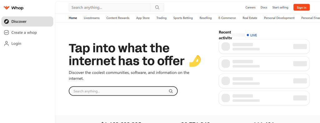 Whop online platform to discover and join communities, software, and internet resources