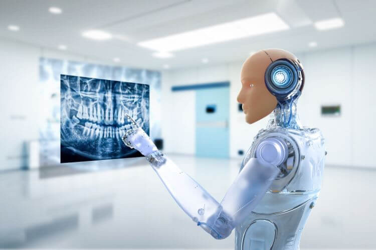 Robot analyzing dental X-ray, symbolizing AI pretraining pipelines and healthcare applications.