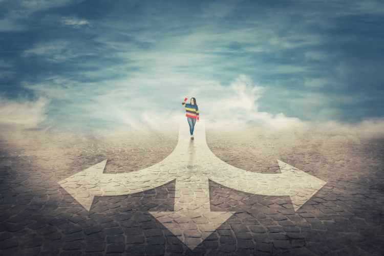 Person walking on a road with three arrows, symbolizing choosing the best AI demand forecasting model.