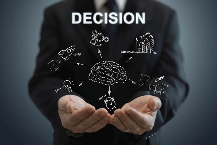 Businessman holding decision icons with brain diagram, symbolizing AI vs human roles in community management.