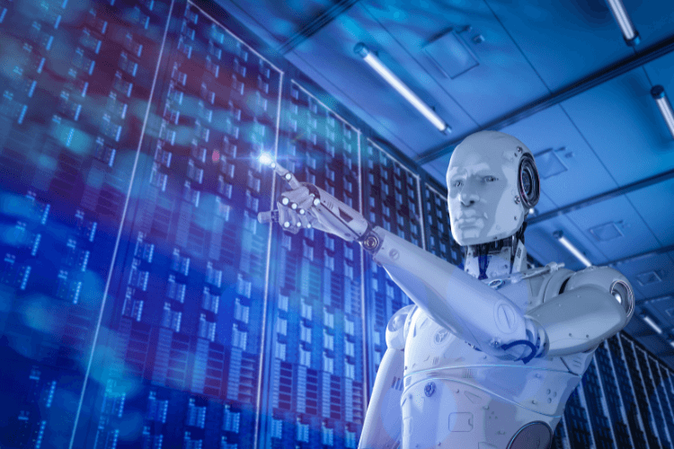Humanoid robot in data center, symbolizing dividing tasks between human oversight and AI automation.