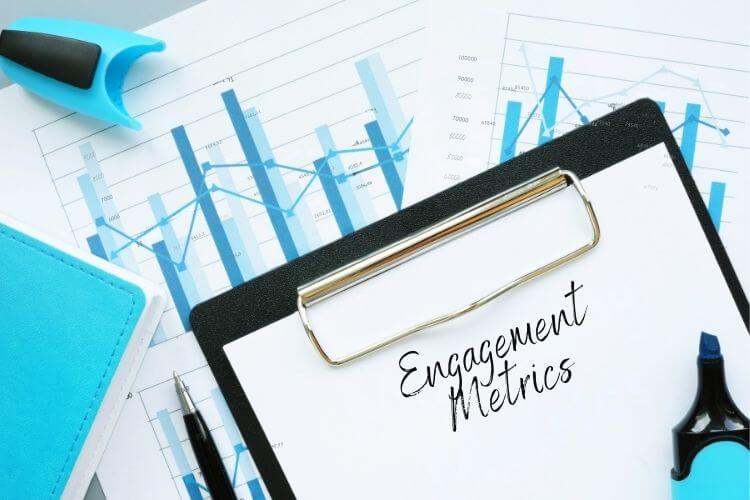 Engagement metrics report on clipboard with charts showing SaaS trial usage