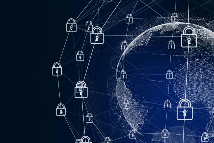 Digital globe with padlock icons, symbolizing secure data inputs for AI demand forecasting models.