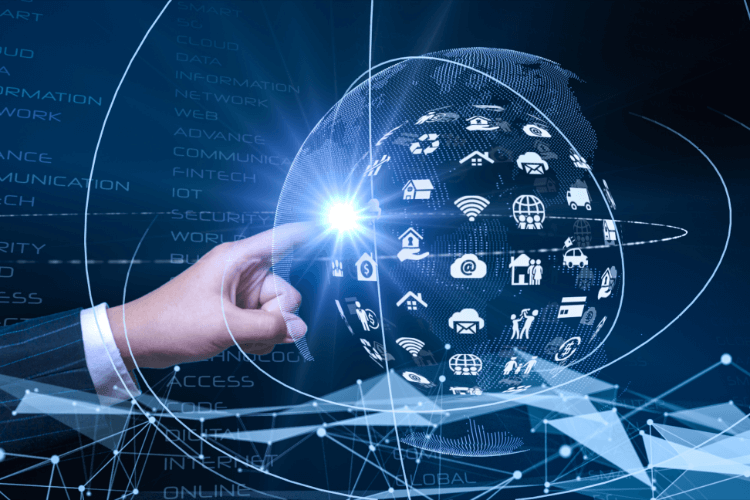 Global AI market adoption trends with technology and digital innovation.