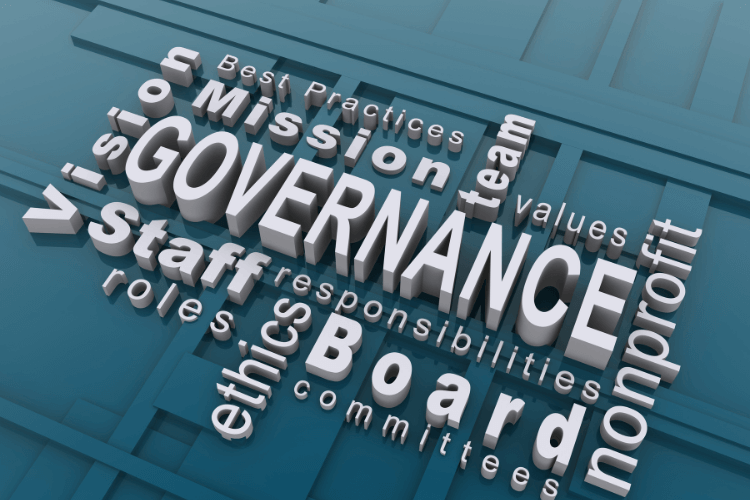 Governance word cloud highlighting mission, ethics, staff, and best practices in AI workflows.