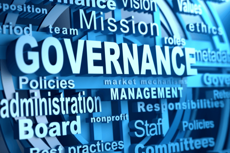 AI governance workflow with policies, management, and board responsibilities visualization.