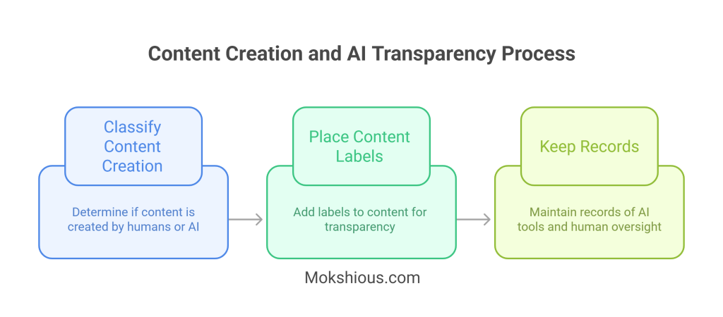 Step-by-step AI transparency process for content classification, labeling, and record keeping.