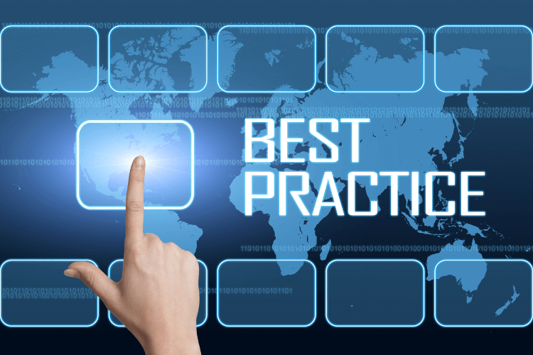 Hand pointing to best practice text on digital world map interface for business optimization.