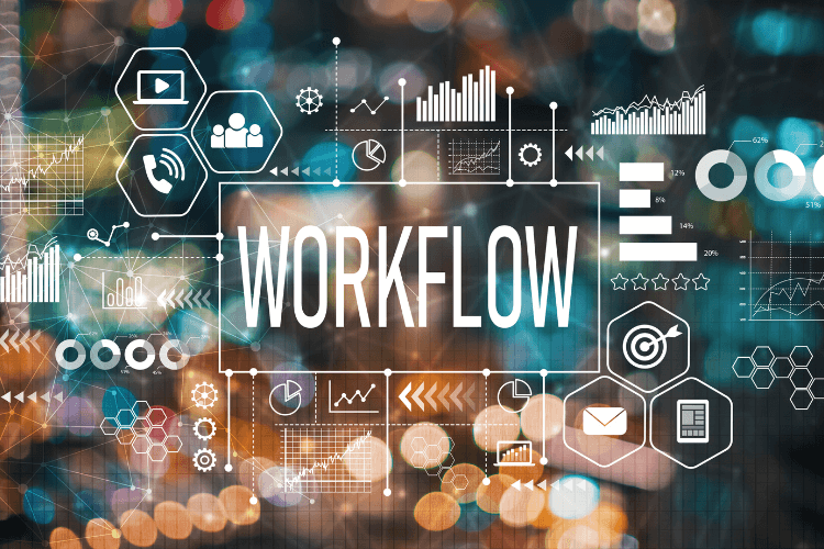 Workflow digital infographic showing charts, icons, and business process optimization.