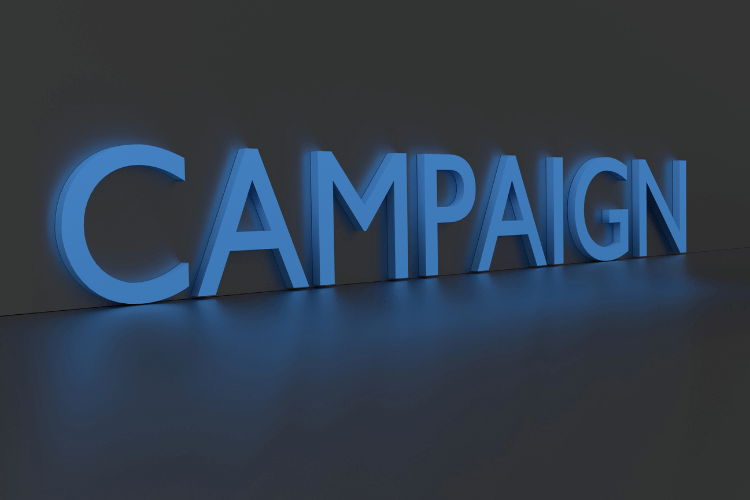 3D campaign text in blue symbolizing marketing and advertising strategy