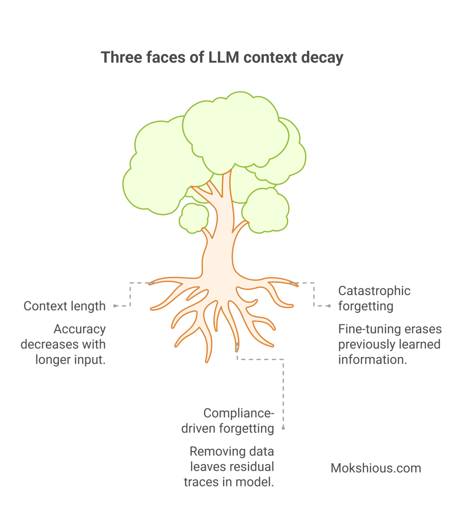 Tree diagram showing three types of LLM context decay: catastrophic forgetting, compliance, and length.