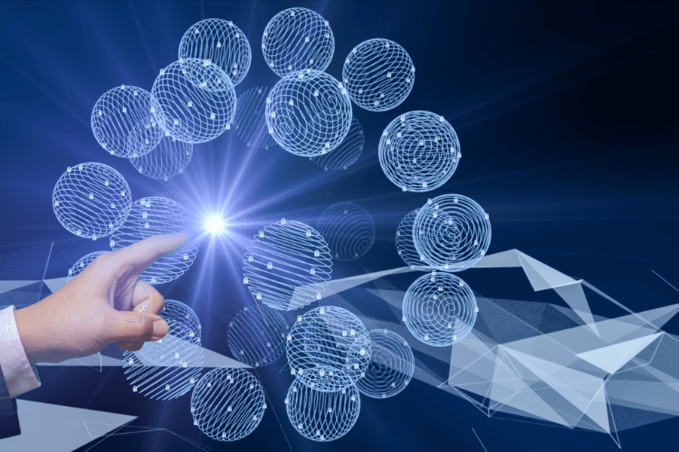 Futuristic interface with connected digital spheres, symbolizing AI tools automating social media content.