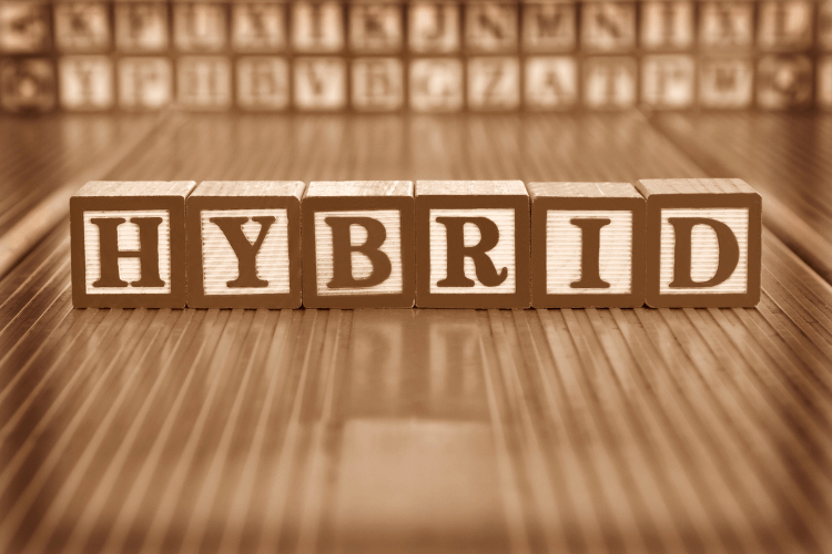 What is hybrid search? Wooden letter blocks spelling HYBRID-intro primer for RAG systems.